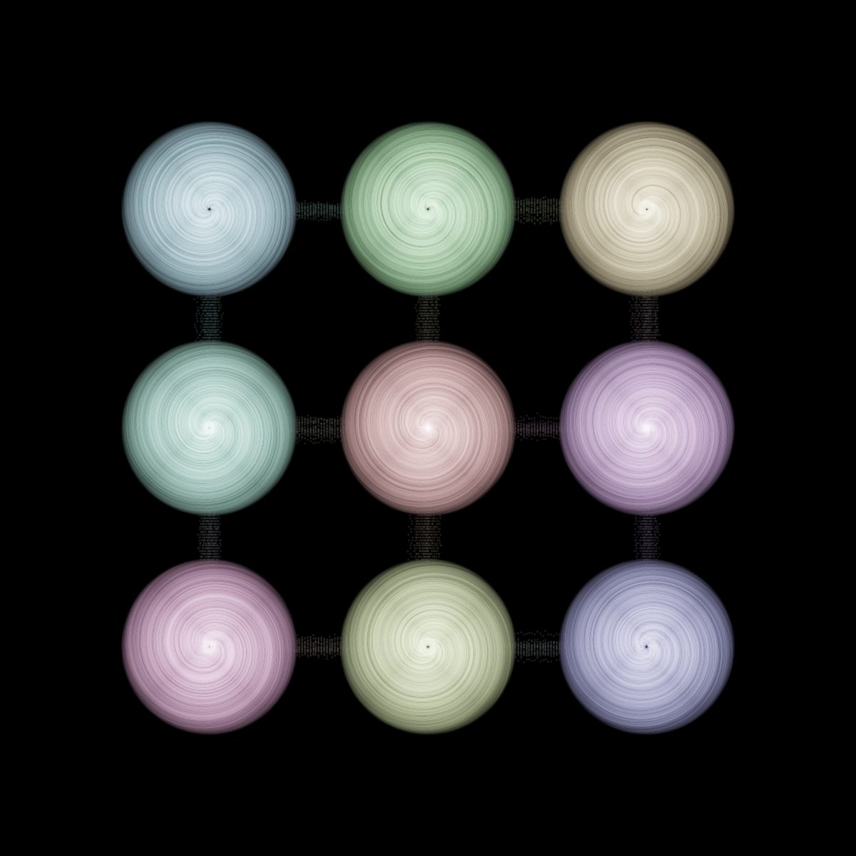 Hide and Seek — nine spirals in a grid, same pattern, different phase and color