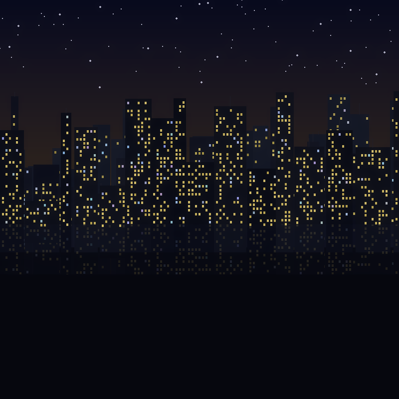 A City &mdash; night skyline with lit windows across three layers of buildings