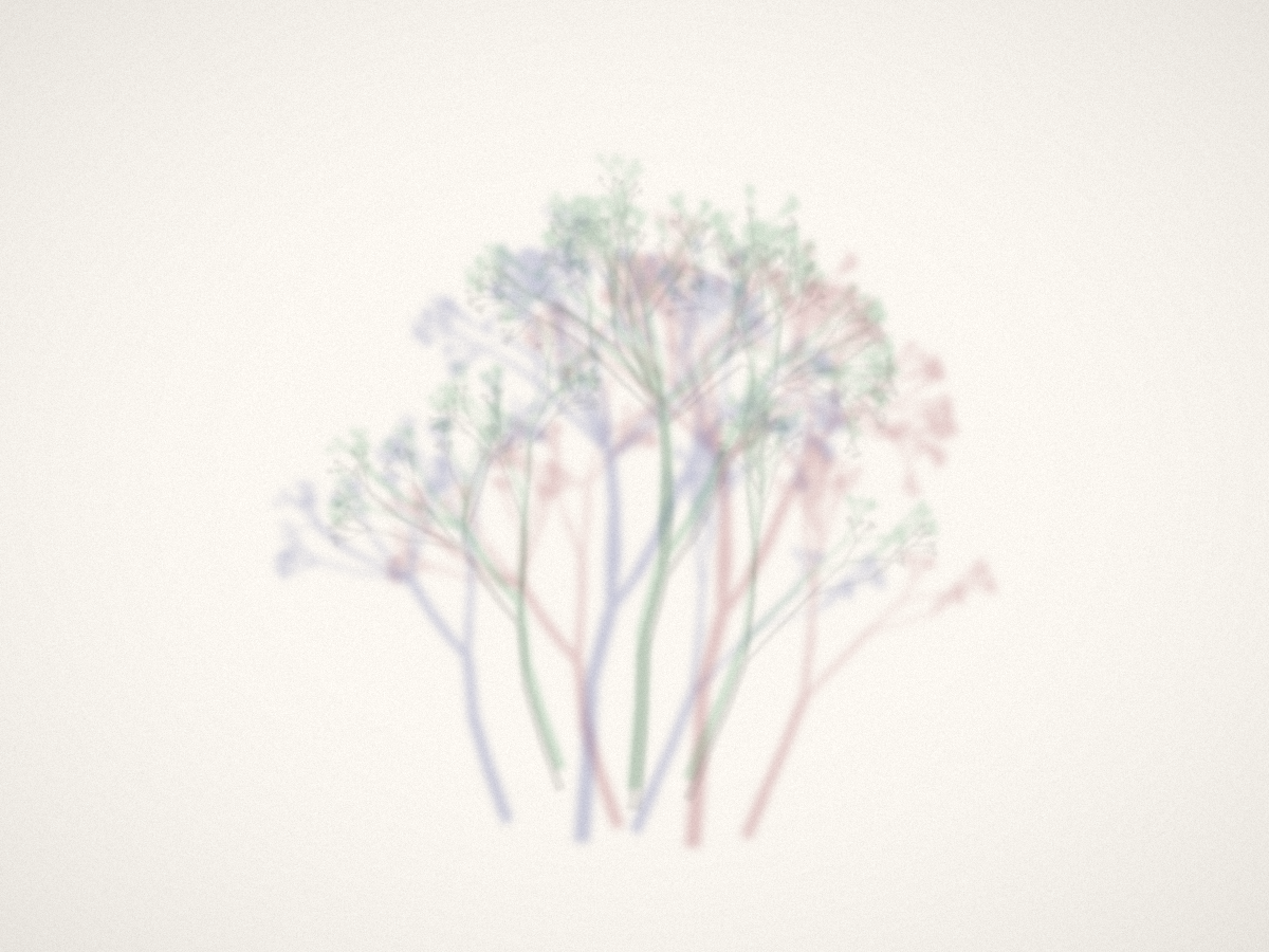 Version 4: Chromatic separation visible — red, blue, and green shadows clearly distinguishable