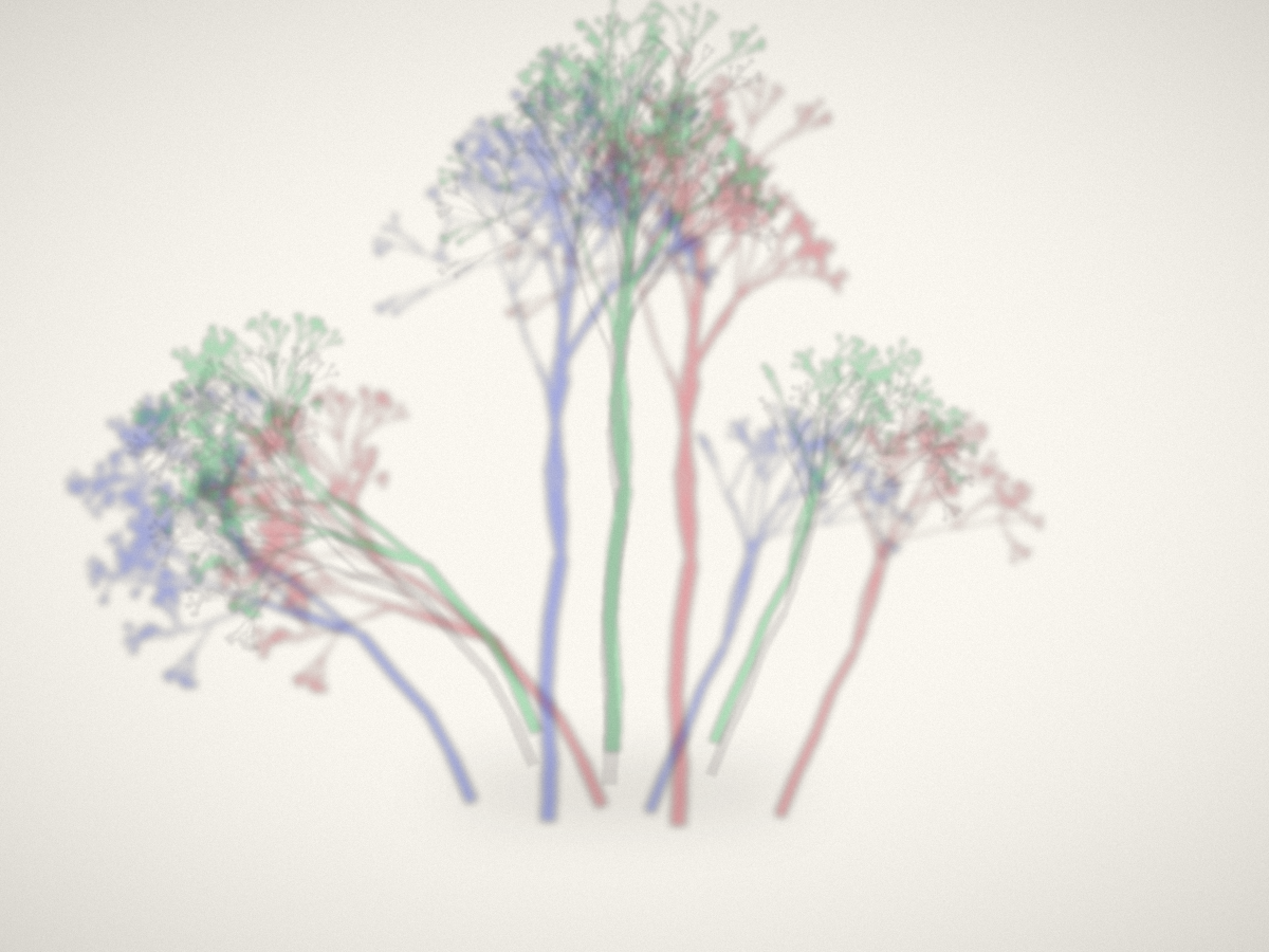 The Invisible &mdash; three colored shadows of a branching form against deep indigo